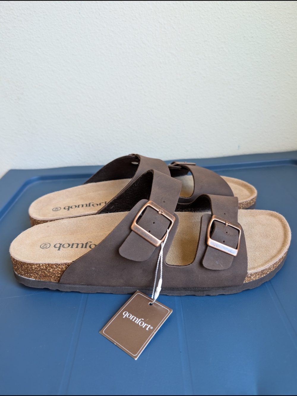 NWT qcomfort Brown Double-Buckle Slide Sandal Women's Size 10.5 - Picture 1 of 13